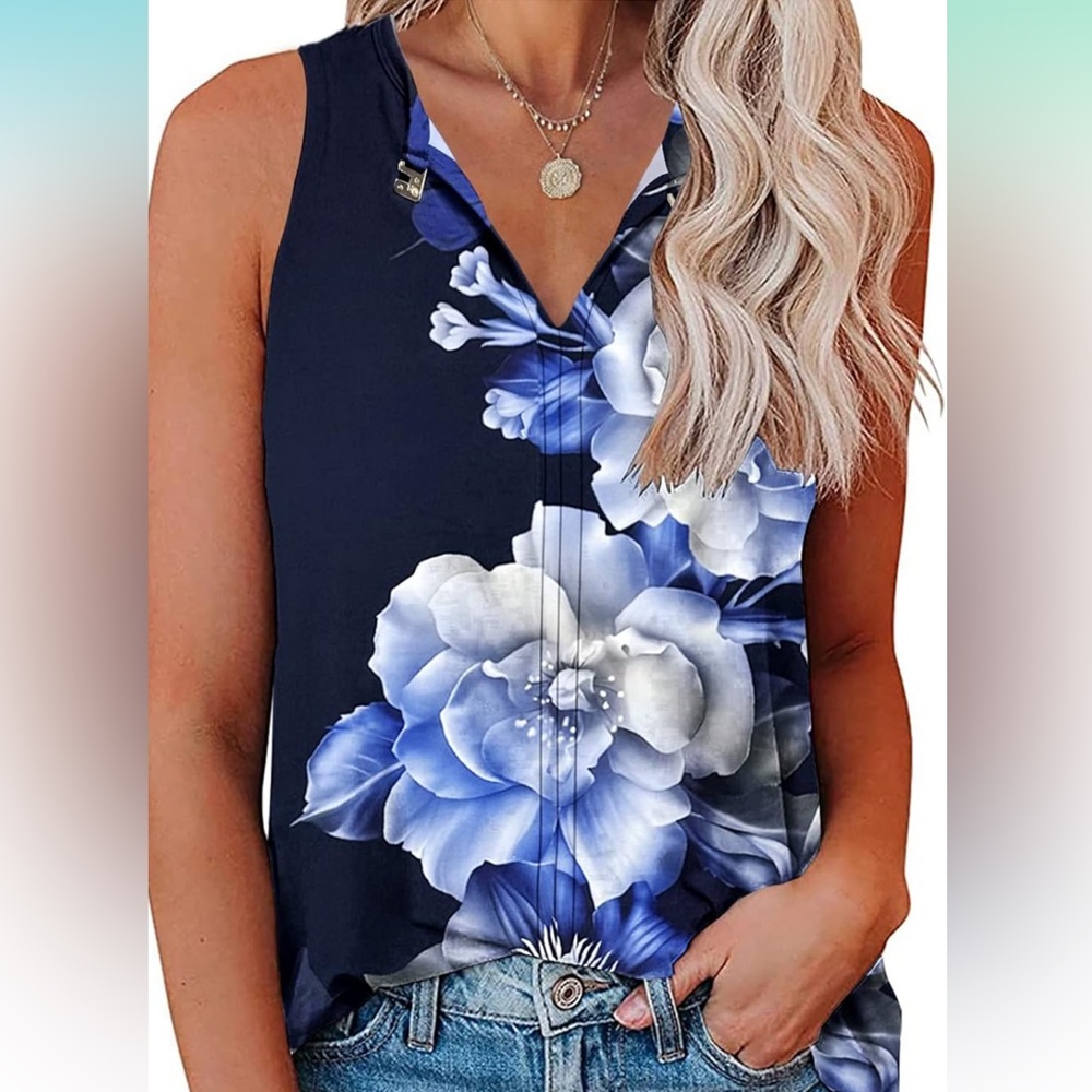 Soesdemo Women s Keyhole V Neck Sleeveless Summer Casual Loose Fit Floral Blouse